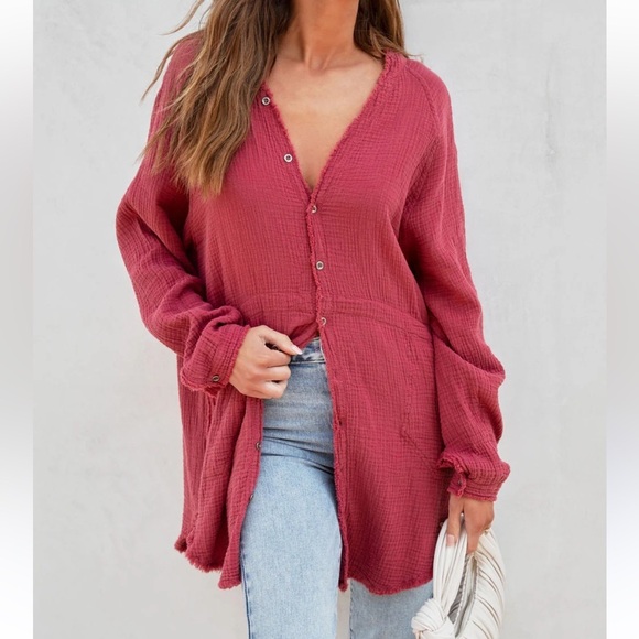 Flawless Brand 100% Cotton Long Sleeve Shirt Dress Dusty Rose Pink - Picture 8 of 13